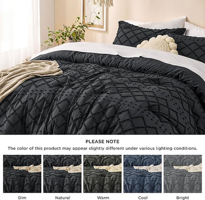 Bedsure Queen Comforter Set - Black Comforter, Boho Tufted Shabby Chic Bedding Comforter Set, 3 Pieces Vintage Farmhouse Bed Set for All Seasons, Fluffy Soft Bedding Set with 2 Pillow Shams