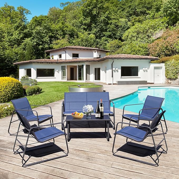 4 Pieces Patio Furniture Set Outdoor Patio Conversation Sets Poolside Lawn Chairs with Glass Coffee Table Porch Furniture for Courtyard, Garden and Balcony (Blue)