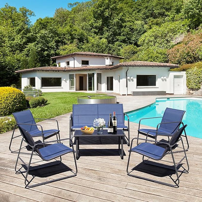 4 Pieces Patio Furniture Set Outdoor Patio Conversation Sets Poolside Lawn Chairs with Glass Coffee Table Porch Furniture for Courtyard, Garden and Balcony (Blue)