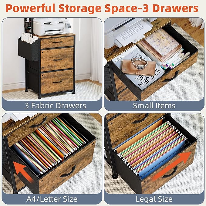 3 Drawer File Cabinet with Charging Station, Fabric Drawer, 4-Tier Tall Filing Cabinet with Adjustable Bookshelf, 69''H File Cabinet for Home Office Fits A4/Letter/Legal, Rustic Brown