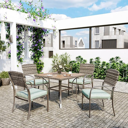 Pamapic 5 Piece Patio Dining Set, Green, Weather Resistant PE Rattan Table and Chairs, Comfortable Cushions, Easy Maintenance