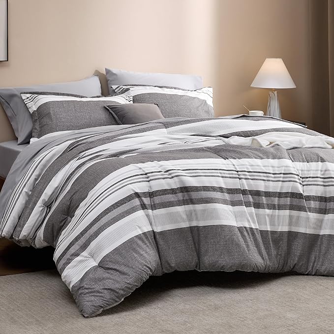 Bedsure Queen Comforter Set - 7 Pieces Grey White Striped Bedding Sets Queen Bed in a Bag with Comforters Queen Size, Sheets, Pillowcases & Shams, Bed Sets