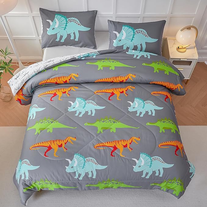 RYNGHIPY Dinosaur Kids Comforter Set Cartoon Dinosaur Bedding Sets for Boys 3 Pieces Twin Microfiber Comforter with Pillowcases Soft Lightweight (Dark Grey,Twin)