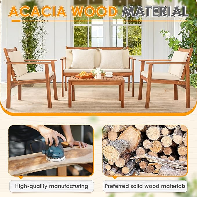 Greesum 4 Piece Bistro Patio Furniture Outdoor Chat Chair Set with Water Resistant Cushions and Coffee Table for Beach Backyard Garden, Acacia Wood