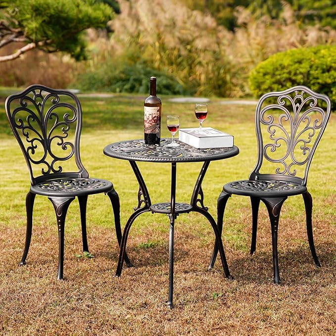 3 Piece Patio Set Metal Bistro Set,Cast Aluminum Outdoor Bistro Table and Chairs Set of 2 with Umbrella Hole,All Weather Patio Bistro Sets for Front Porch Set Garden,Backyard(Bronze)