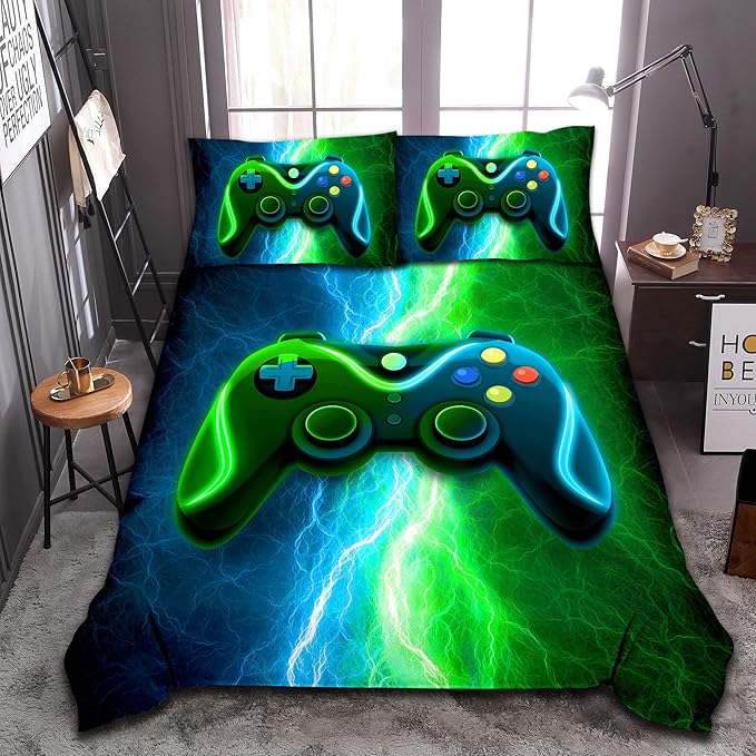 Meeting Story Gamer Gaming Bedding Sets Red Blue Lightnings Gamepad Comforter Set for Boys Games Console Action Buttons Novelty Colorful Modern Room Decor Home Quilt Set (Blue-Green, Queen)