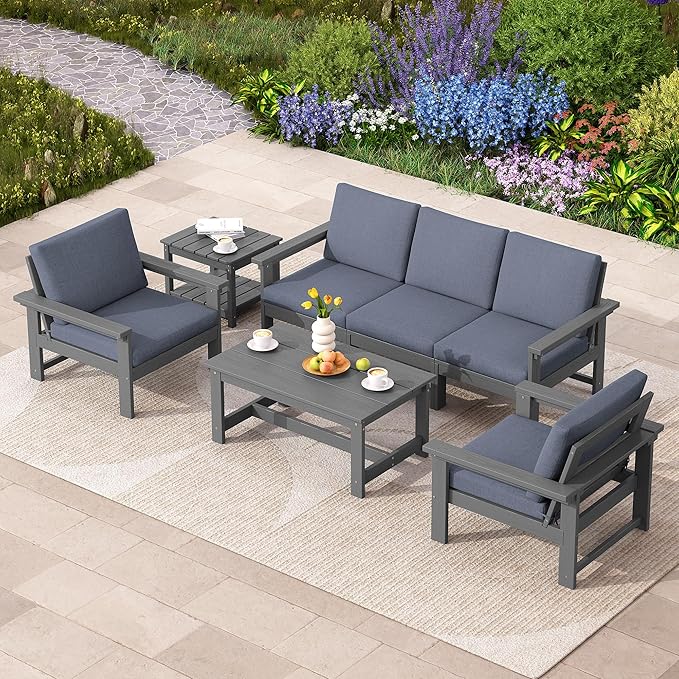 SERWALL HDPE Patio Coversation Set, 7-piece Outdoor Sectional Sofa Set, All Weather Patio Couch Set Patio Furniture for Balcony, Deck, Grey Frame with Grey Cushion