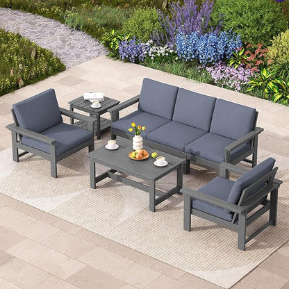 SERWALL HDPE Patio Coversation Set, 7-piece Outdoor Sectional Sofa Set, All Weather Patio Couch Set Patio Furniture for Balcony, Deck, Grey Frame with Grey Cushion