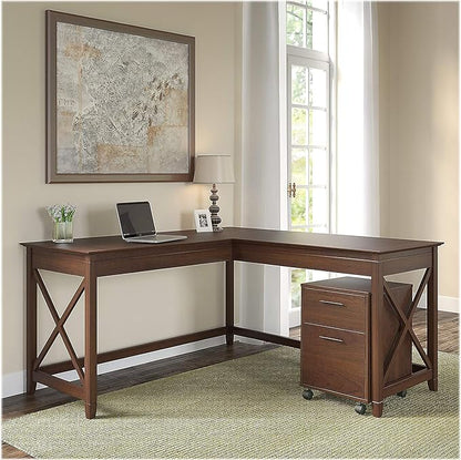 Bush Furniture Key West 60W L Shaped Desk with 2 Drawer Mobile File Cabinet in Bing Cherry
