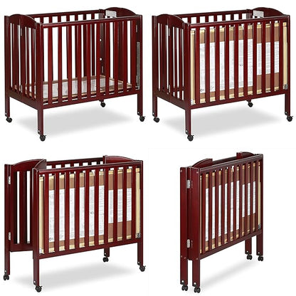 Dream On Me 3 in 1 Portable Folding Stationary Side Crib in Cherry, Greenguard Gold Certified, Safety Wheel with Locking Casters, Convertible, 3 Mattress Heights