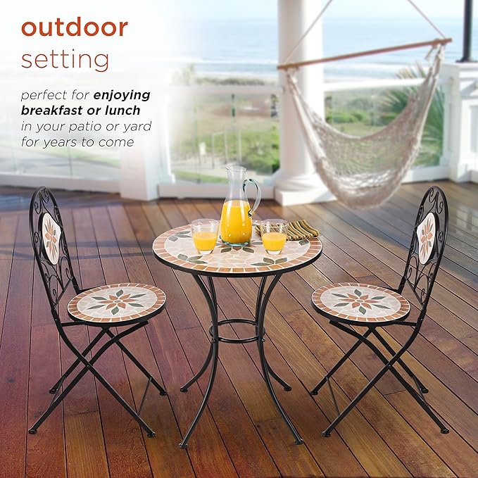Alpine Corporation Indoor/Outdoor 3-Piece Mosaic Bistro Set Folding Table and Chairs Patio Seating, Tan