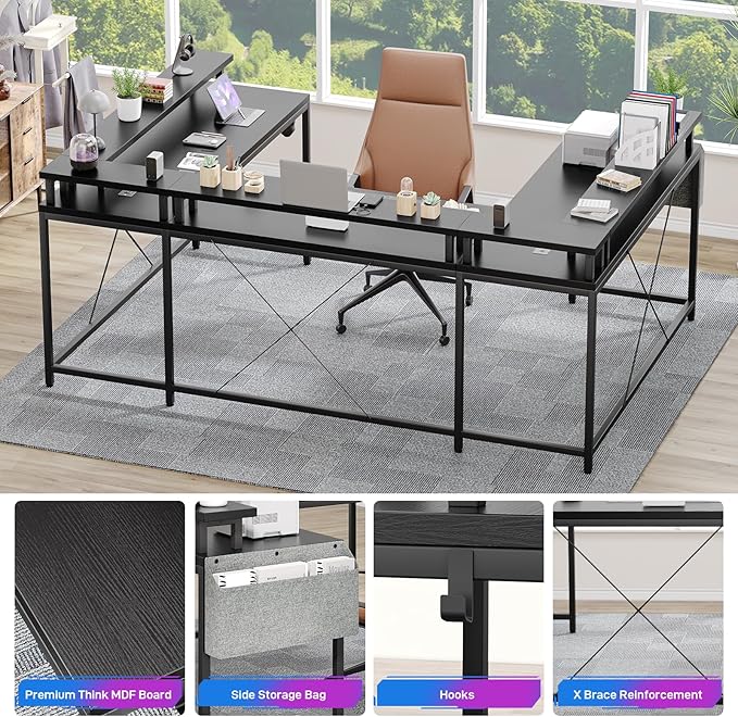U Shaped Computer Gaming Desk, Reversible L Shaped Desk with Power Outlets, LED Strip & Monitor Stand, Large Corner Desk with Storage Shelves for Home Office, Black