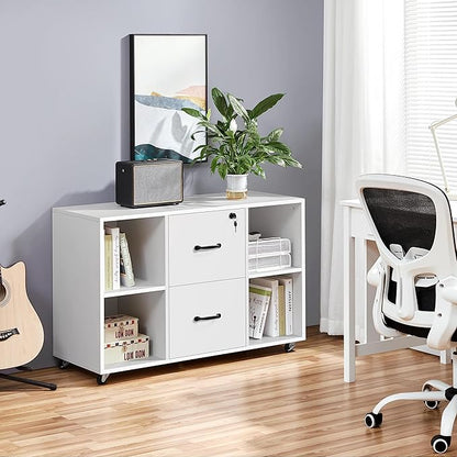 Yaheetech White File Cabinet Mobile Letter Size File Cabinet with 2 Drawers and 4 Open Storage Shelves Large Mobile Lateral Filing Cabinet Printer Stand for Home and Office