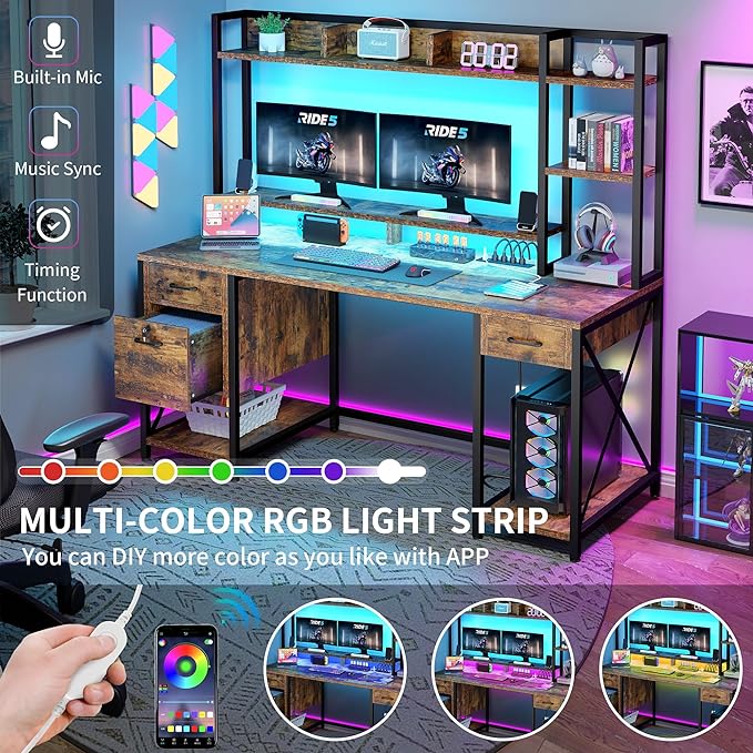 YITAHOME Computer Desk with Drawers & Hutch, 59.1" Office Desk with LED Lights & Power Outlets, Gaming Desk with Monitor Stand & Storage Shelves, Rustic Brown