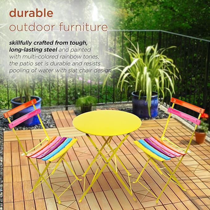 Alpine Corporation MSY114A Rainbow Metal Bistro Set w Two, Table: 24" L x 24" W x 28" H Chair: 16" L 18" W x 32" H