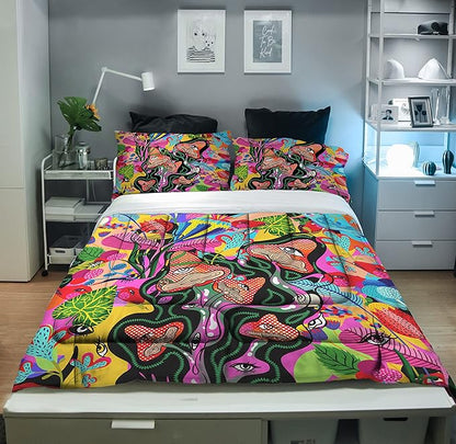 Sunnycitron Kids Comforter set Queen size Colorful Mushroom Comforter Sets Mandala Mushroom Bedding Hippie Bed Comforter Set - Fade Resistant (1 Comforter + 2 Pillowcases)