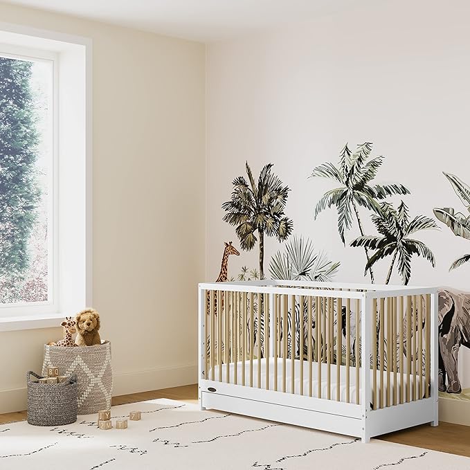 Graco Teddi 5-in-1 Convertible Crib with Drawer (White with Driftwood) – GREENGUARD Gold Certified, Crib with Drawer Combo, Full-Size Nursery Storage Drawer, Converts to Toddler Bed