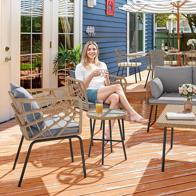 YITAHOME Wicker 3-Piece Outdoor Bistro Set, All-Weather Patio Conversation Set for Balcony, Backyard, Pool, Porch, Deck, Outdoor Sectional Furniture Set with Table & Cushions - Grey
