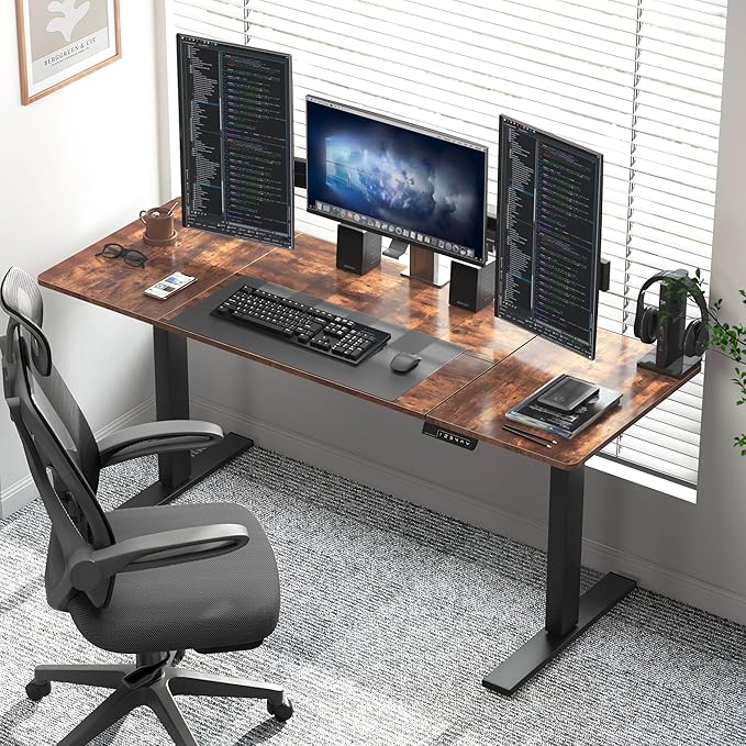 soges 63in Electric Standing Desk Ergonomic Height Adjustable Computer Desk Sit Stand Desk Home Office Desks Standing Desk, Vintage Brown