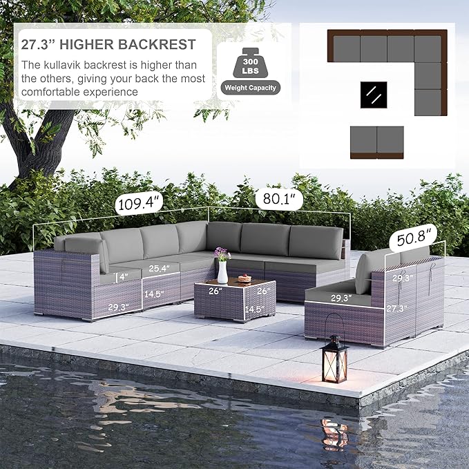 Kullavik 9PCS Outdoor Patio Furniture Set PE Wicker Rattan Sectional Sofa Patio Conversation Sets,Grey