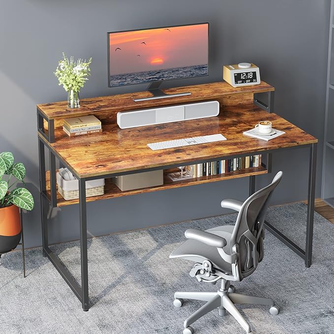 BANTI Computer Home Office Desk, 47" Small Desk Table with Storage Shelf and Bookshelf, Study Writing Table Modern Simple Style Space Saving Design, Black