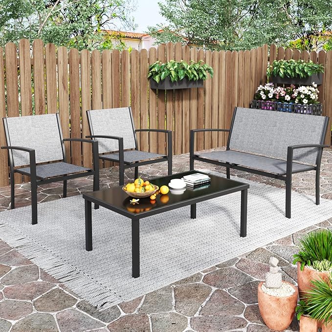 Greesum 4 Pieces Patio Furniture Set, Outdoor Conversation Sets for Patio, Lawn, Garden, Poolside with A Glass Coffee Table, Gray