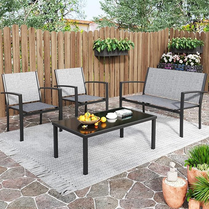 Greesum 4 Pieces Patio Furniture Set, Outdoor Conversation Sets for Patio, Lawn, Garden, Poolside with A Glass Coffee Table, Gray