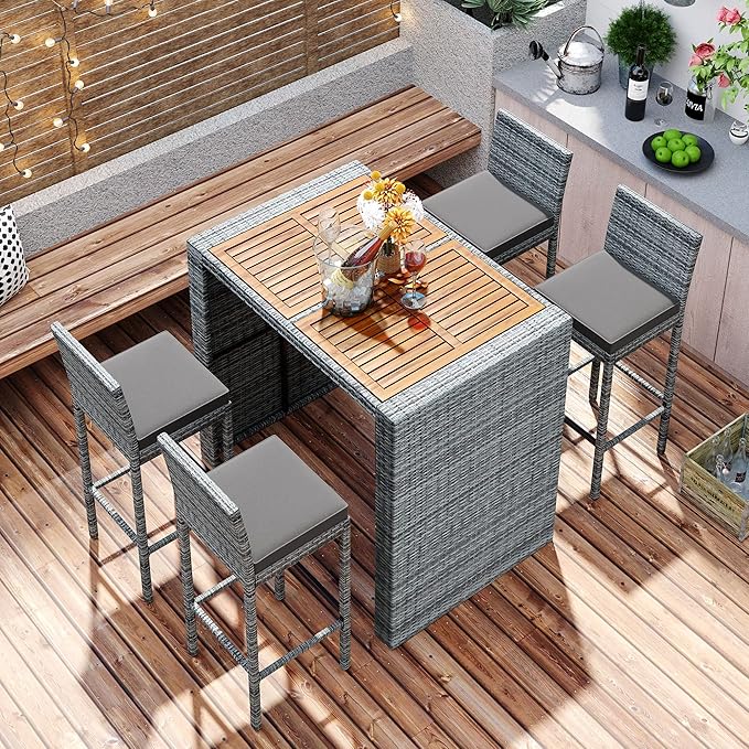Outdoor Dining Set for 4, Rattan Patio Table with Acacia TableTop, Bar-Height Chairs, Fixed Rope, Removable Cushion, Garden Furniture, Onesize, Brown Wood+Gray Wicker