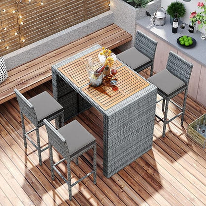 Outdoor Dining Set for 4, Rattan Patio Table with Acacia TableTop, Bar-Height Chairs, Fixed Rope, Removable Cushion, Garden Furniture, Onesize, Brown Wood+Gray Wicker