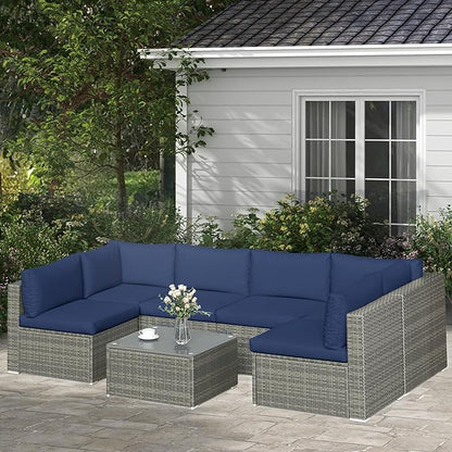 SUNVIVI OUTDOOR 7 Piece Patio Furniture Sets All Weather Gery PE Wicker Couch Sofa with Glass Table, Removable Navy Cushions