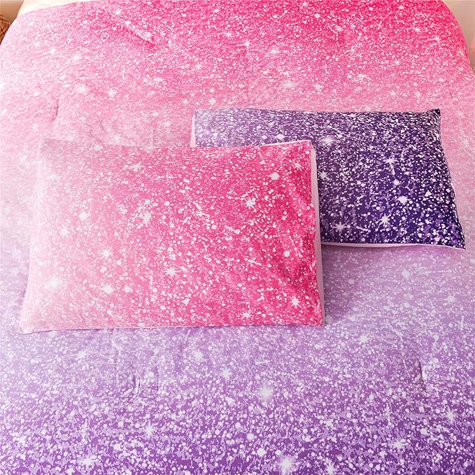 Holawakaka Kids Space Star Glitter Comforter Set Ombre Red & Purple Print Gradient Bedding Set Full Size (Red purple, Full)