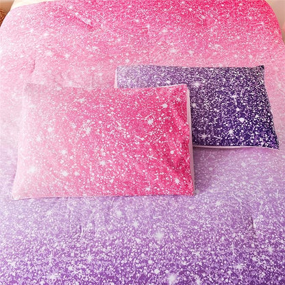 Holawakaka Kids Space Star Glitter Comforter Set Ombre Pink Purple Print Ombre Bedding Set Twin/Twin XL Size Girls Gradient Galaxy Dorm Bed Sets (Pink Purple,Twin)