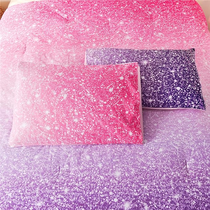 Holawakaka Kids Space Star Glitter Comforter Set Ombre Pink Purple Print Gradient Bedding Set Queen Size (Pink Purple, Queen)……
