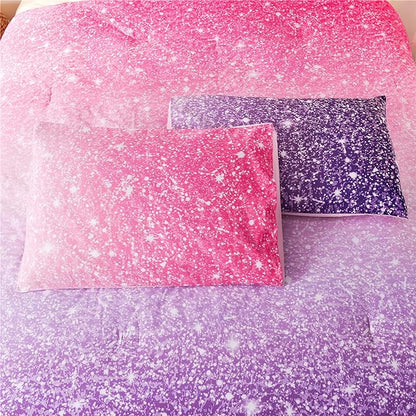Holawakaka Kids Space Star Glitter Comforter Set Ombre Pink Purple Print Gradient Bedding Set Queen Size (Pink Purple, Queen)……