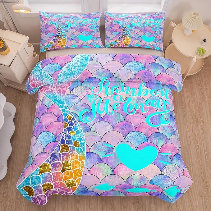 NINENINE Blue and Purple Mermaid Tail Comforter Sets for Girls,Full Size Rainbow Princess Bedding,Girly Glitter Comforter Sets,Sparkly Fish Scales Bedding Sets with 1 Comforter 2Pillowcases