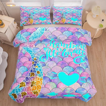 NINENINE Blue and Purple Mermaid Tail Comforter Sets for Girls,Full Size Rainbow Princess Bedding,Girly Glitter Comforter Sets,Sparkly Fish Scales Bedding Sets with 1 Comforter 2Pillowcases