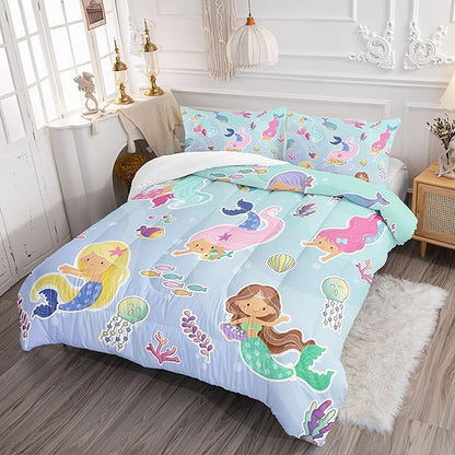 Datura home Girls Mermaid Comforter Set for Girls Women,Kawaii Mermaid Girls Play with Fish Printed Pattern Blue Kawaii Bedding Set with 2 Pillowcases(Girls Twin)