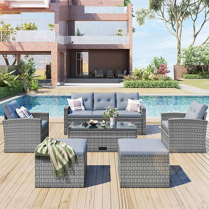 Merax Furniture 6-Piece All-Weather PE Rattan Patio Outdoor Conversation Set with Coffee Table,Wicker Sofas,Ottomans,Removable Cushions,Grey