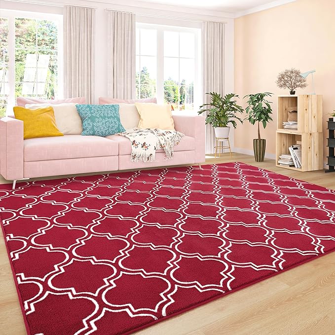Chicrug Shag Geometric 6x9 Area Rug for Living Room, Large Modern Memory Foam Indoor Carpet, Fluffy Rug for Bedroom Bedside Room Decor for Family Girls Kids Nursery, Wine Red/White