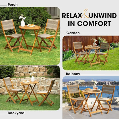 Heavy Duty 400lbs Capacity Patio Bistro Set 3 Piece Outdoor, Folding Chairs with Elegant, Wood Rope Design - Beige