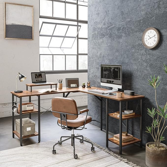 BANTI L Shaped Desk with Shleves, 58 inch Large Corner Desk with Two Storage, Space Saving, Easy to Assemble, Brown