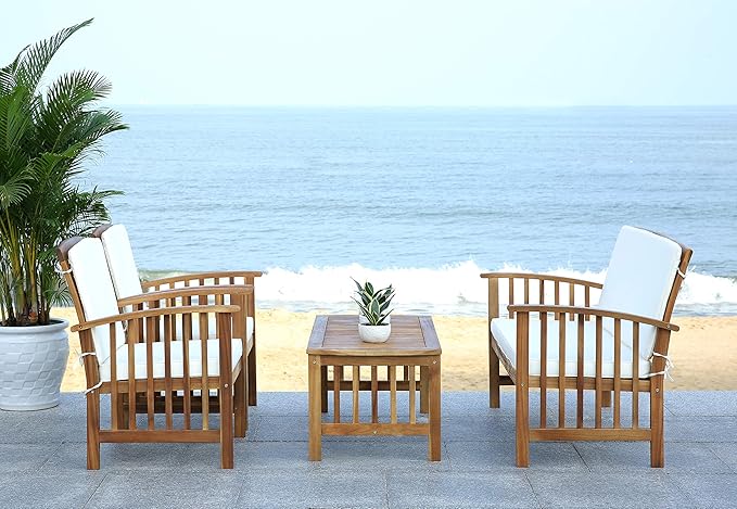 SAFAVIEH Outdoor Collection Rocklin Natural/ Beige 4-Piece Conversation Patio Set with Cushions