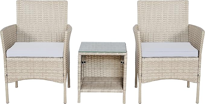 BTEXPERT Outdoor Wicker Conversation 3 Piece Bistro Set Garden Patio Yard Porch Furniture Space Saving Pe Rattan 2 Chairs Cushions Side Storage Glass Table Gray/Cream 3pc, OneSize