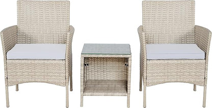 BTEXPERT Outdoor Wicker Conversation 3 Piece Bistro Set Garden Patio Yard Porch Furniture Space Saving Pe Rattan 2 Chairs Cushions Side Storage Glass Table Gray/Cream 3pc, OneSize