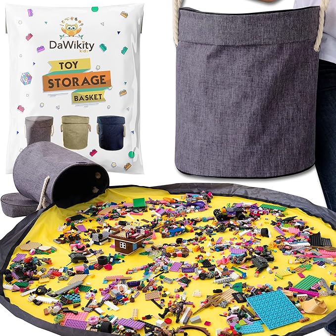 Toy Storage Basket and Play Mat for Building Bricks - Collapsible Canvas Organizer Bag with Drawstring - For Kids