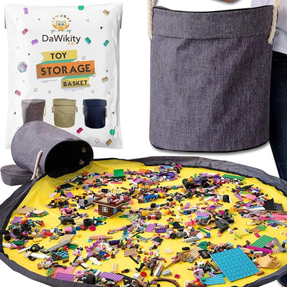 Toy Storage Basket and Play Mat for Building Bricks - Collapsible Canvas Organizer Bag with Drawstring - For Kids