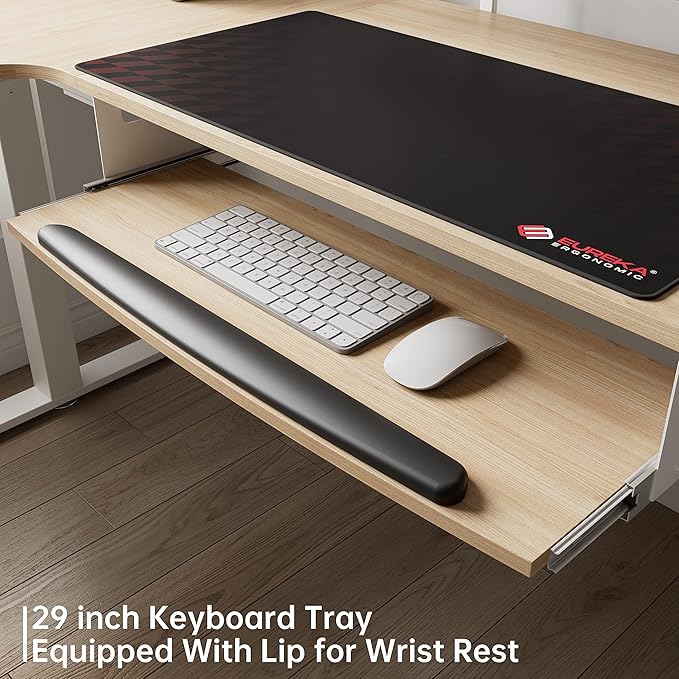 EUREKA ERGONOMIC Standing Desk Adjustable Height 61" Electric Sit Stand Computer Desk L Shaped with Keyboard Tray,Monitor Stand &LED, Dual Motor Memory Presets Sit to Desk Adjustable Desk, Left/Maple