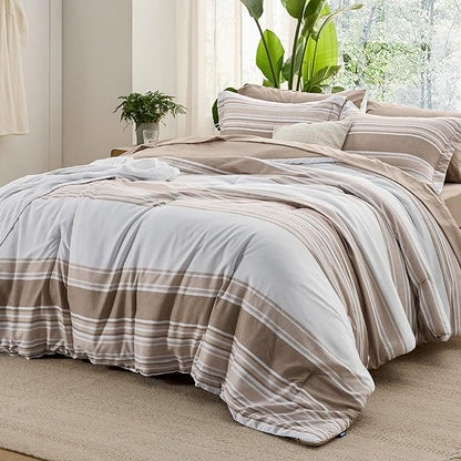 Bedsure Brown Twin Size Comforter Sets 5 Pieces - Striped Beddding sets, Bed in a Bag Twin with Comforter, Fitted Sheet, Flat Sheet, Pillowcase & Shams