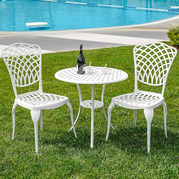 3 Piece Outdoor Bistro Set, Cast Aluminum Bistro Table and Chairs, Rust-Resistant Patio Furniture Set, White Bistro Set 3 Piece Outdoor for Garden, Backyard, Balcony