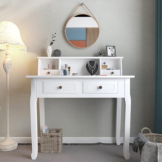 DMAITH Writing Desk with Hutch, 32 Inch Home Office Desk with Drawers, Study Table Computer Desk for Student, Makeup Dressing Table for Bedroom